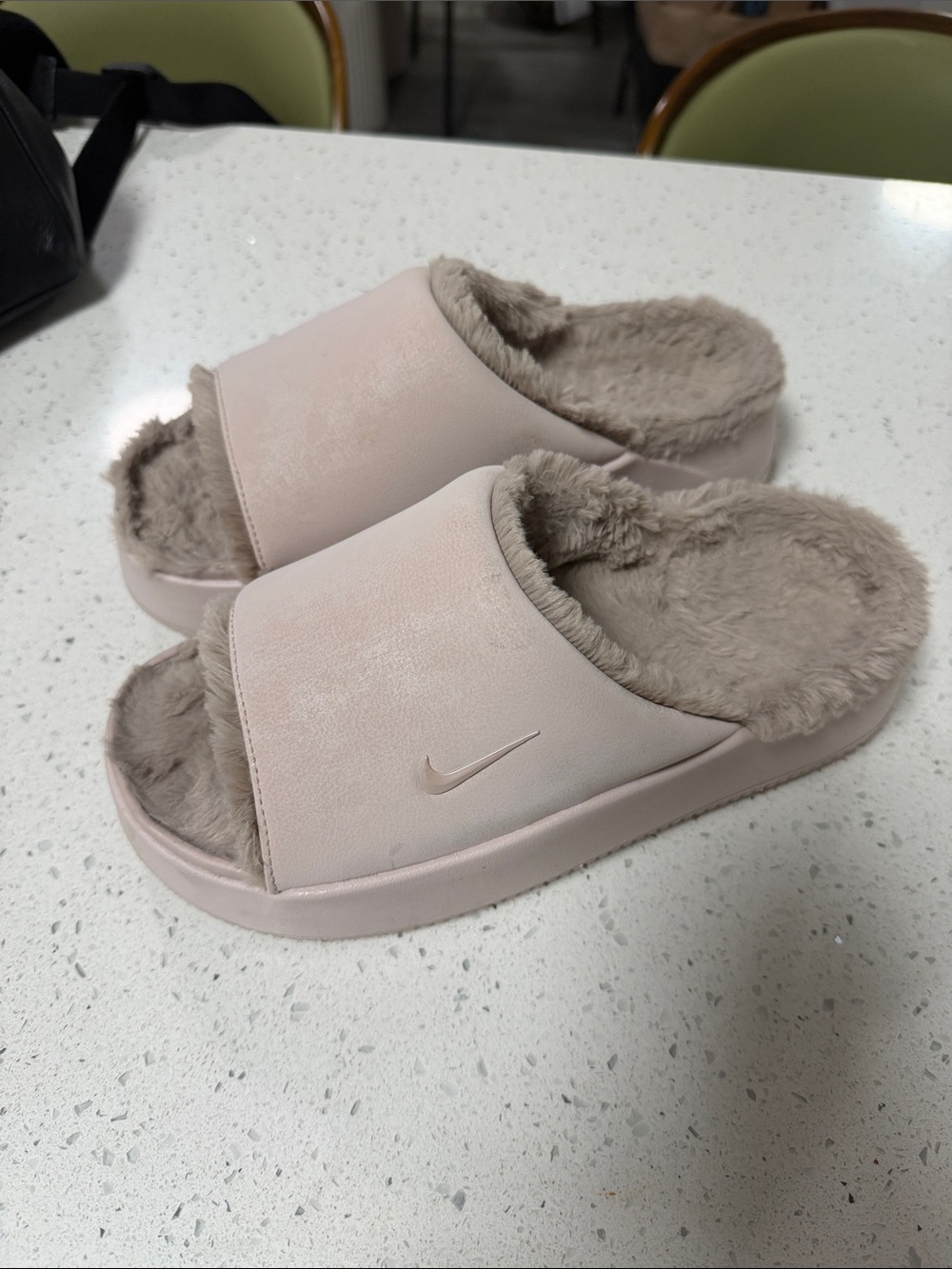 Nike Women's Plush Furry Slide Sandals in Light Blush Nike slides